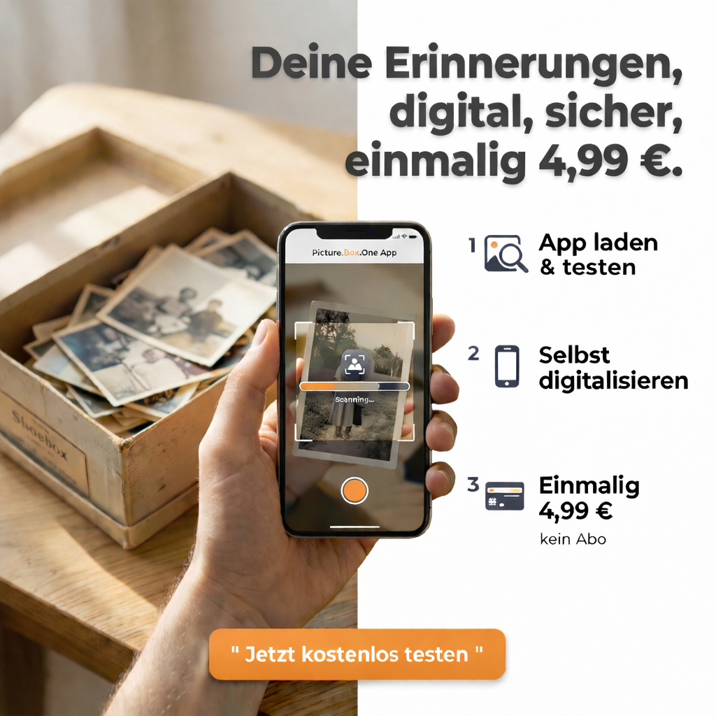 FotoScan App auf einem Smartphone mit alten Fotos im Hintergrund